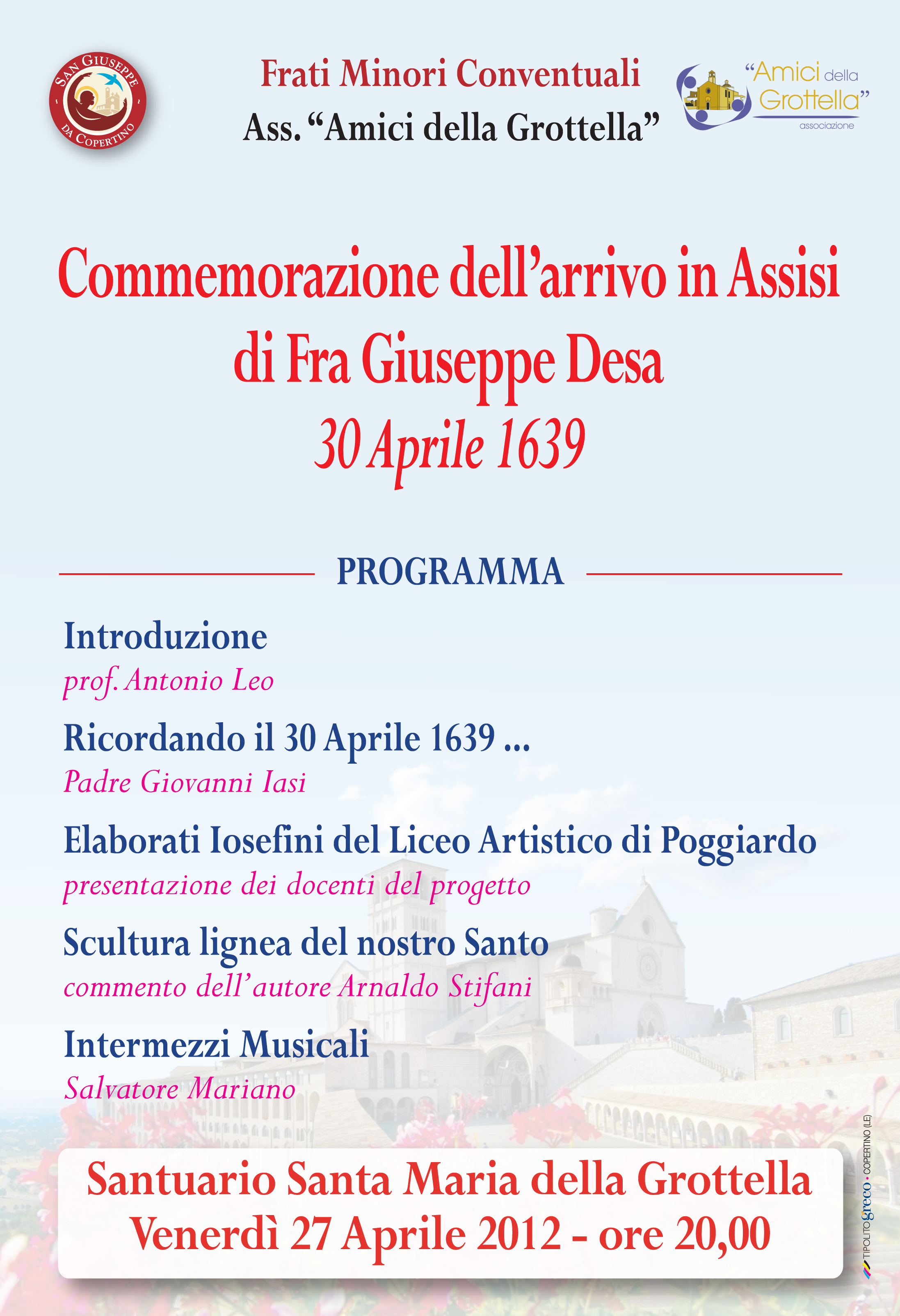 locandina Commemorazione arrivo in Assisi di frà Giuseppe Desa